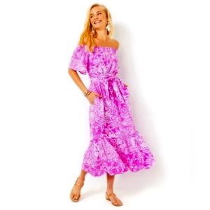 Isbell Off the Shoulder Linen Midi Dress in Wild Fuchsia